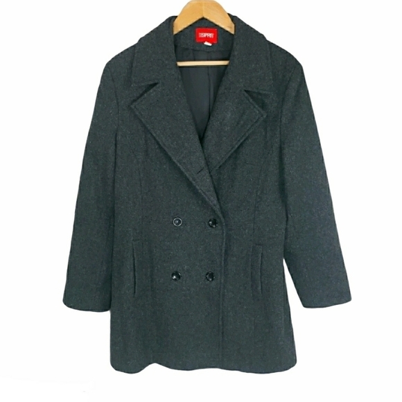 ESPRIT Wool Double Breasted Pea Coat Gray Size L